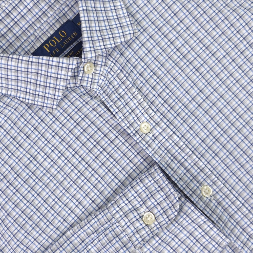 Polo Ralph Lauren Shirt Mens Medium Blue Check Long Sleeve Stretch Slim Fit